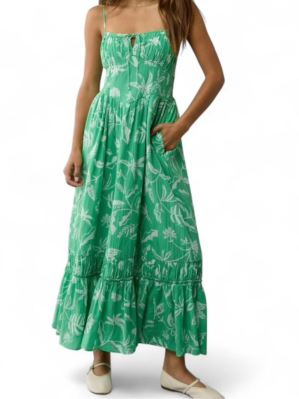 American Eagle Outfitters Green Floral Smocked Maxi Dress